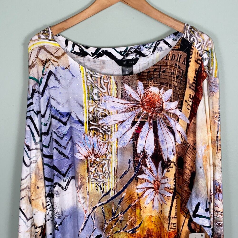 Ali Miles Floral Tunic Top Womens 3X Multicolor 3/4 Sleeve Stretch Daisy Bloom - Picture 2 of 14
